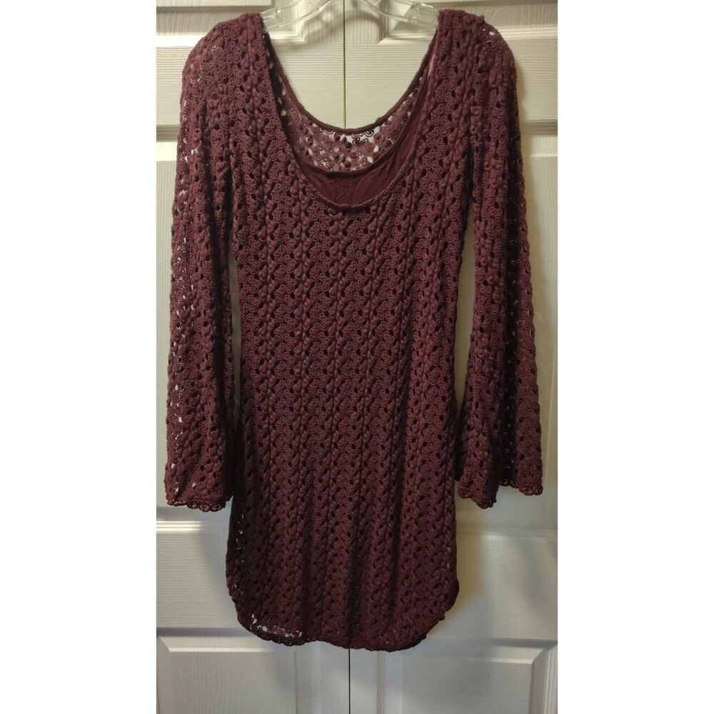Free People Gypsy Crochet Bell Sleeve Mini Dress Burgundy / Plum - Size M